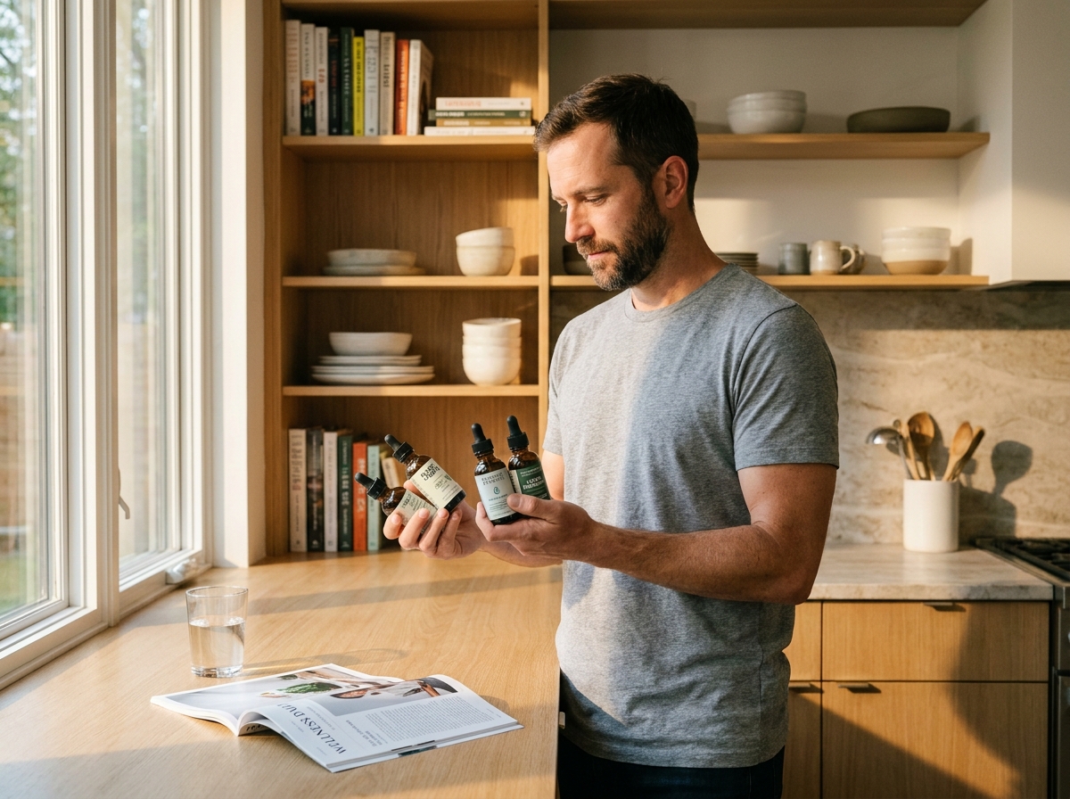 Homme comparant différentes bouteilles d'huile CBD dans une cuisine moderne pour choisir le bon produit