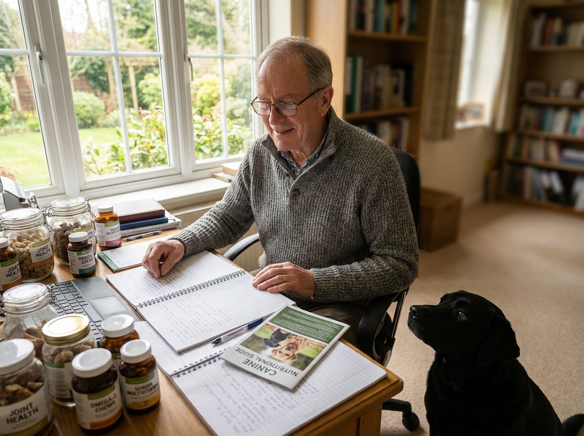 Homme consultant des compléments alimentaires pour chien à son bureau avec documentation et bouteilles