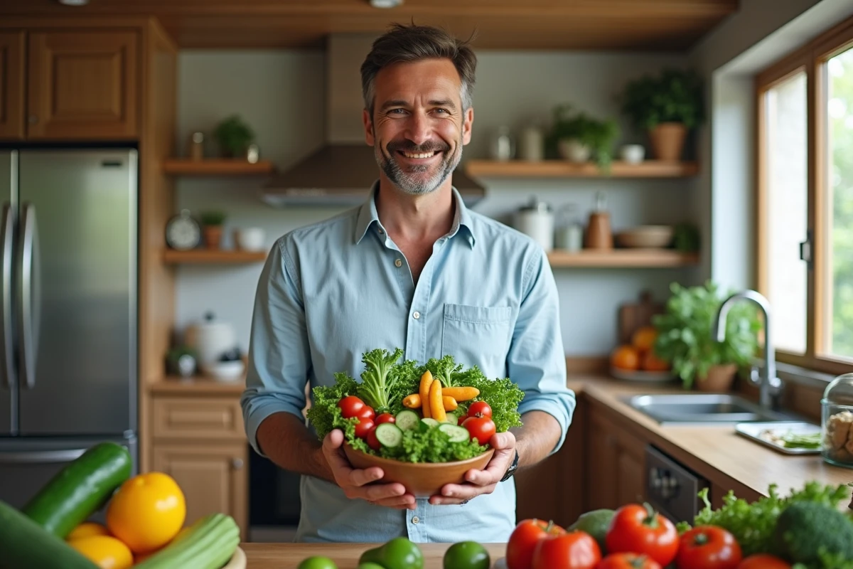 Homme préparant une salade fraîche dans une cuisine moderne, illustration de l'alimentation saine pour maigrir rapidement