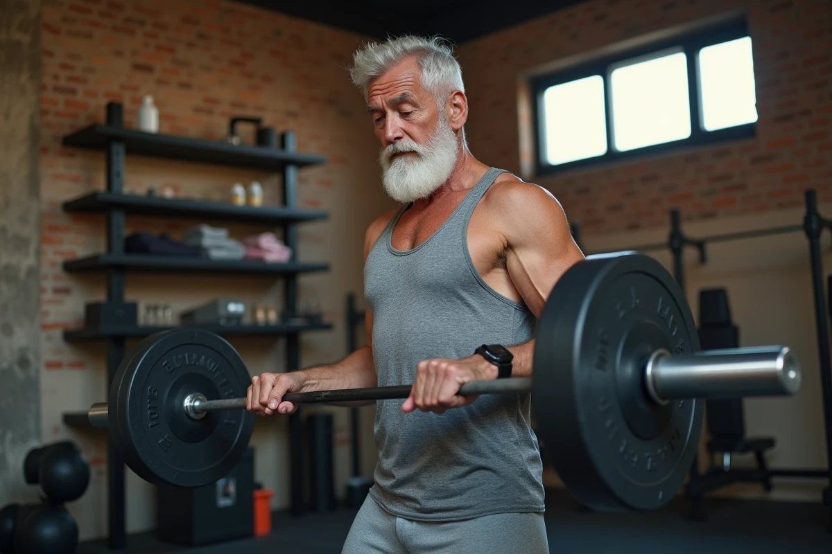 Homme senior effectuant un soulevé de terre avec bonne technique dans un espace de fitness industriel