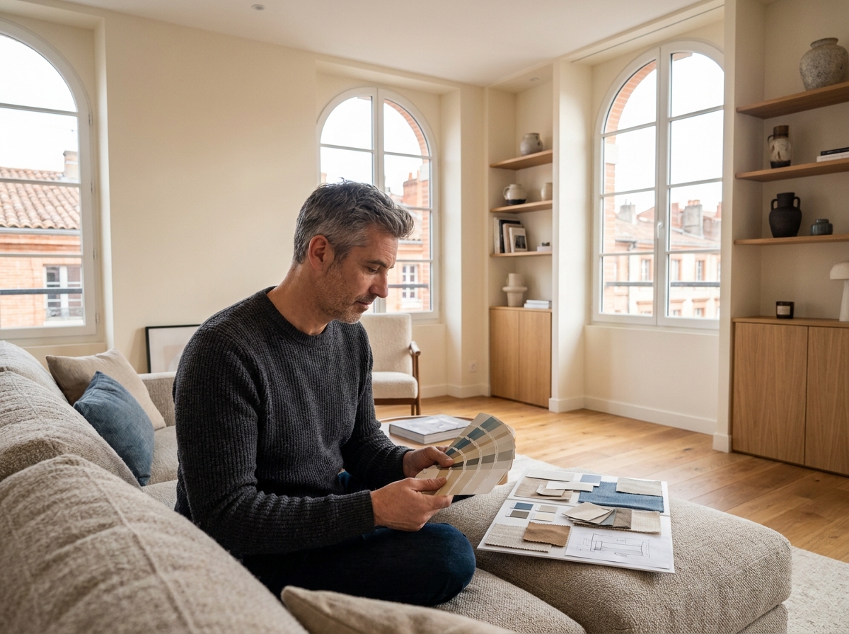 Homme rénovant son apartment Toulouse en consultantdes plans de design intérieur et couleurs