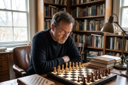 Homme concentré jouant sur un échiquetier électronique dans un bureau d'étude avec livres d'échecs