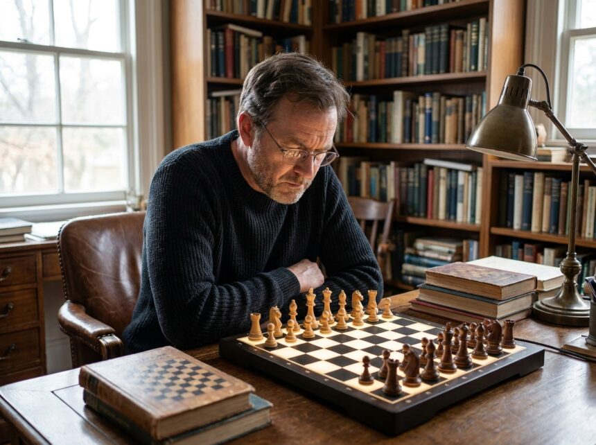 Homme concentré jouant sur un échiquetier électronique dans un bureau d'étude avec livres d'échecs