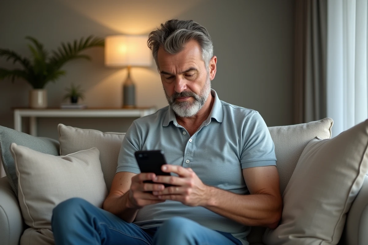 homme adulte examinant un téléphone intelligent dans son salon pour comparer les caractéristiques techniques