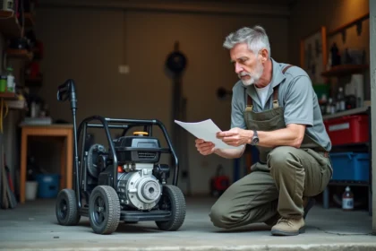 Homme adulte examinant une pompe de nettoyeur haute pression dans un garage résidentiel avec documentation technique