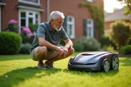 homme d'âge moyen inspectant un robot tondeuse autonome sur pelouse résidentielle bien entretenue en arrière-cour