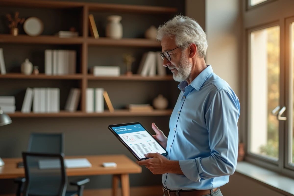homme adulte en formation autodidacte IA utilisant une tablette dans un bureau à domicile