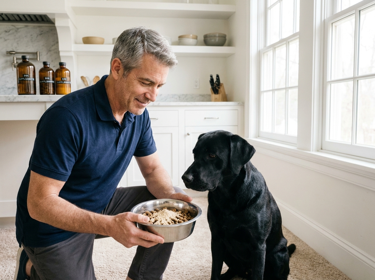 Propriétaire mature versant un complément alimentaire dans la gamelle de son chien Labrador en cuisine