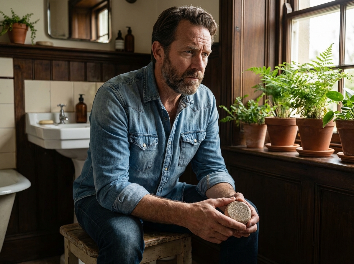 Homme examinant un shampoing solide avec attention