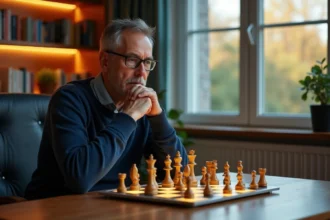 Homme concentré jouant sur un échiquier électronique dans un bureau moderne avec livres d'échecs