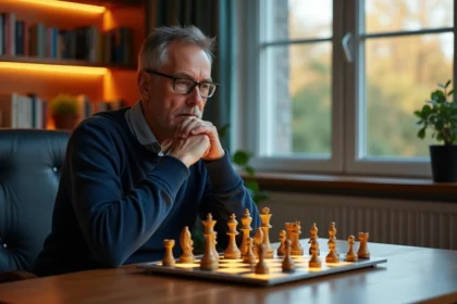 Homme concentré jouant sur un échiquier électronique dans un bureau moderne avec livres d'échecs