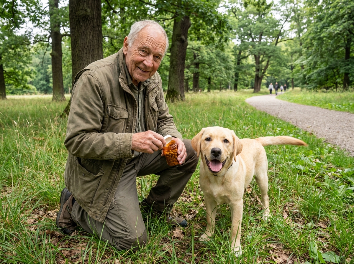 Homme âgé donnant un supplément à son labrador dans un parc verdoyant