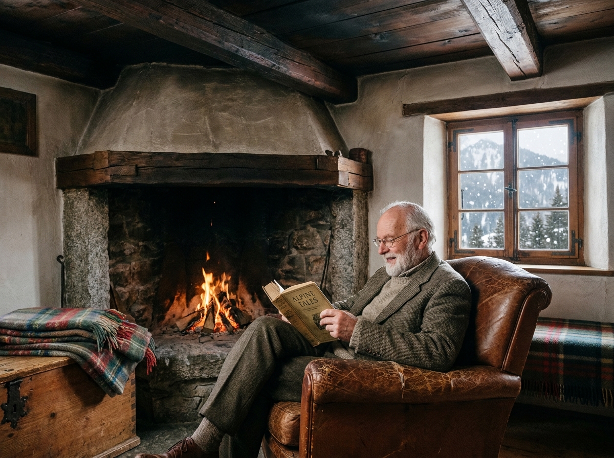 Homme âgé lisant près de cheminée en pierre dans authentique chalet suisse, décoration traditionnelle, ambiance paisible et intemporelle