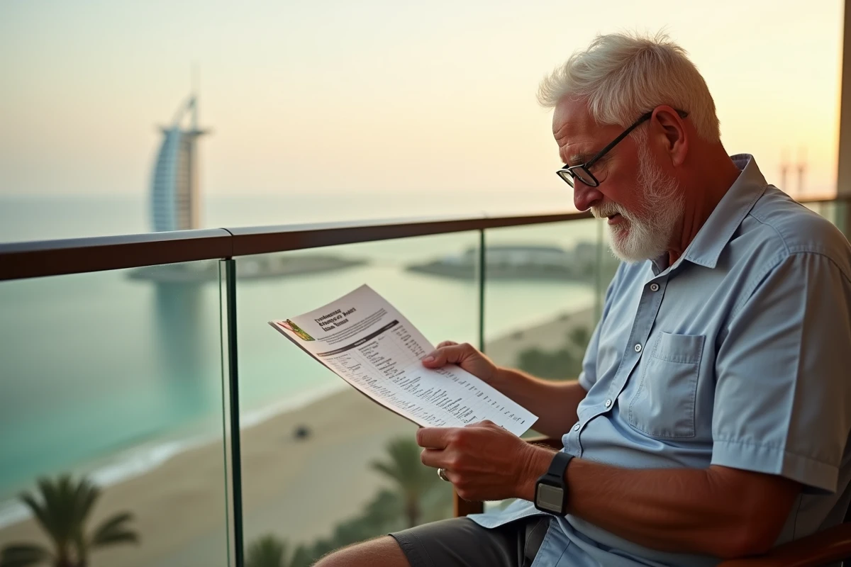 Homme âgé examinant son programme de voyage à Dubaï sur le balcon de sa chambre d'hôtel pour vérifier les détails des excursions prévues