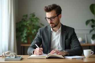 Homme professionnel lisant La Semaine de 4 heures à son bureau moderne avec notebook