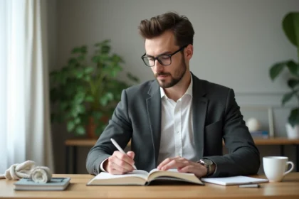 Homme professionnel lisant La Semaine de 4 heures à son bureau moderne avec notebook