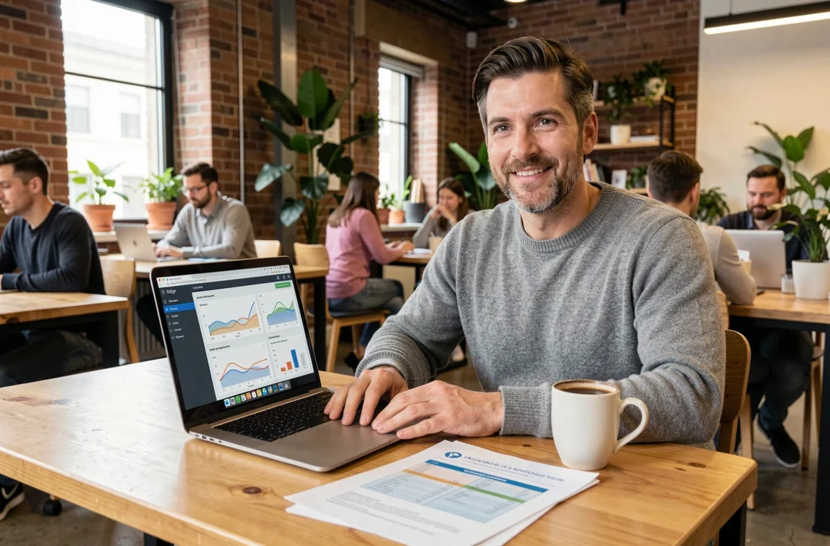 Un homme consultant un logiciel comptable pour association sur un ordinateur portable dans un espace de coworking