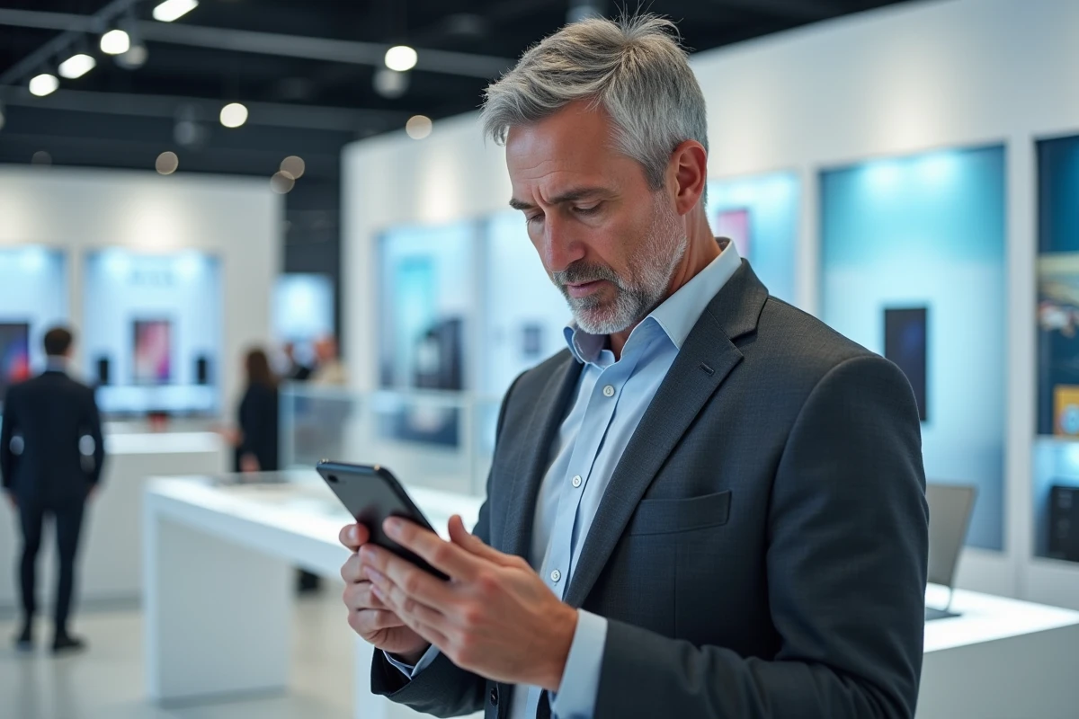 Homme au magasin d'électronique comparant deux téléphones haut de gamme, critères de choix iPhone vs Samsung Galaxy