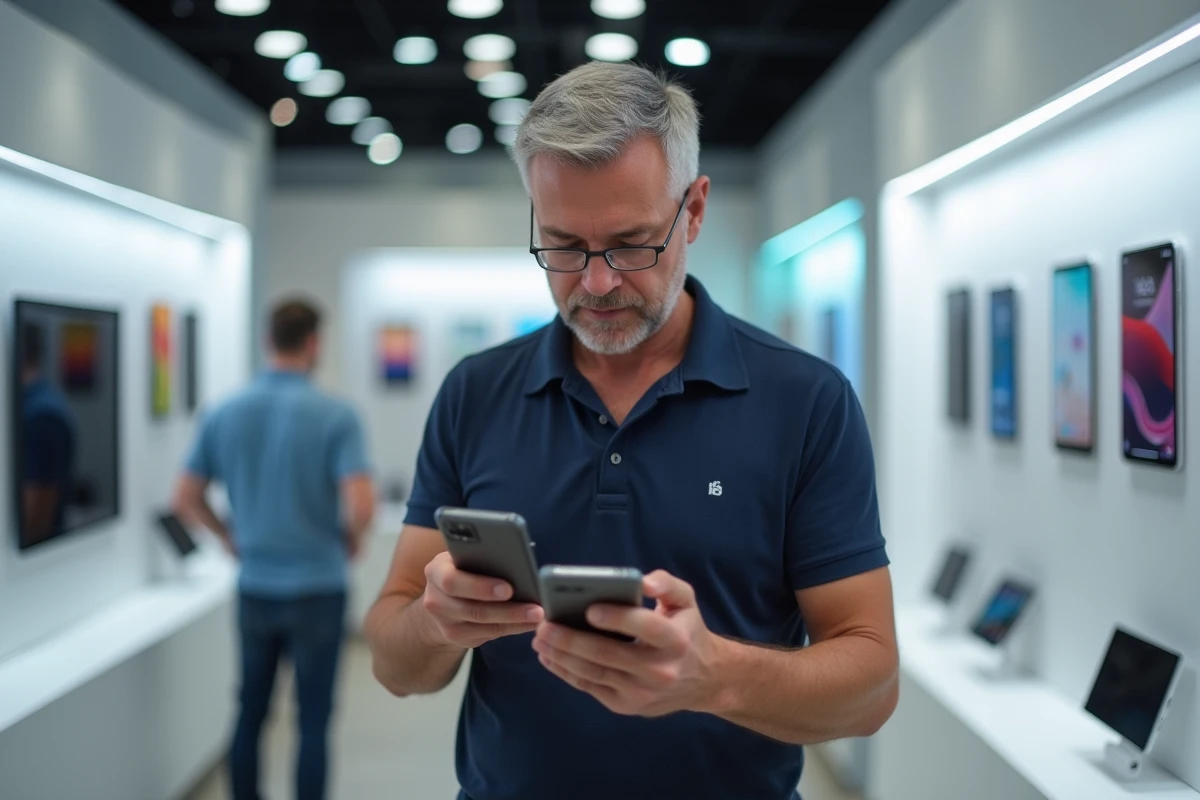 Homme en magasin comparant les écrans de deux téléphones intelligents pour son achat