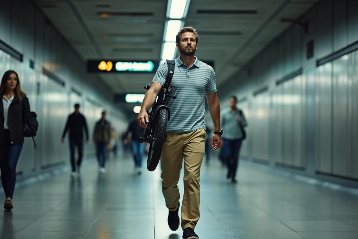 homme transportant un vélo électrique pliant pliable dans un couloir de métro urbain