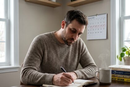 Homme déterminé écrivant dans un journal à son bureau avec livres d'auto-aide et calendrier pour organiser son sevrage du cannabis
