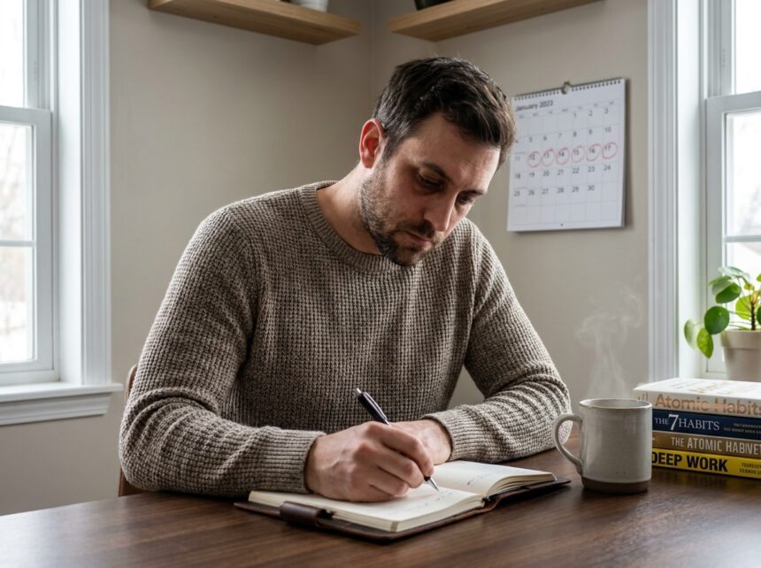 Homme déterminé écrivant dans un journal à son bureau avec livres d'auto-aide et calendrier pour organiser son sevrage du cannabis