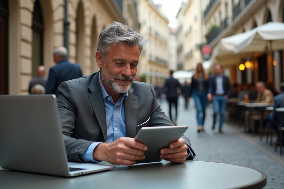 homme utilisant ordinateur portable et tablette numérique pour planifier son voyage dans un café urbain européen