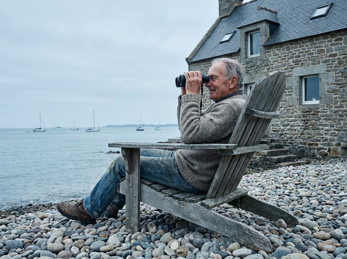 Homme âgé contemplant la mer depuis la plage rocheuse devant sa maison familiale bretonne, moment de quiétude et détente