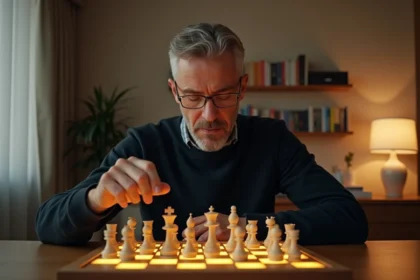 Homme concentré jouant aux échecs électroniques sur un plateau illuminé dans son bureau à domicile, démontrant la pratique solitaire pour l'amélioration aux échecs