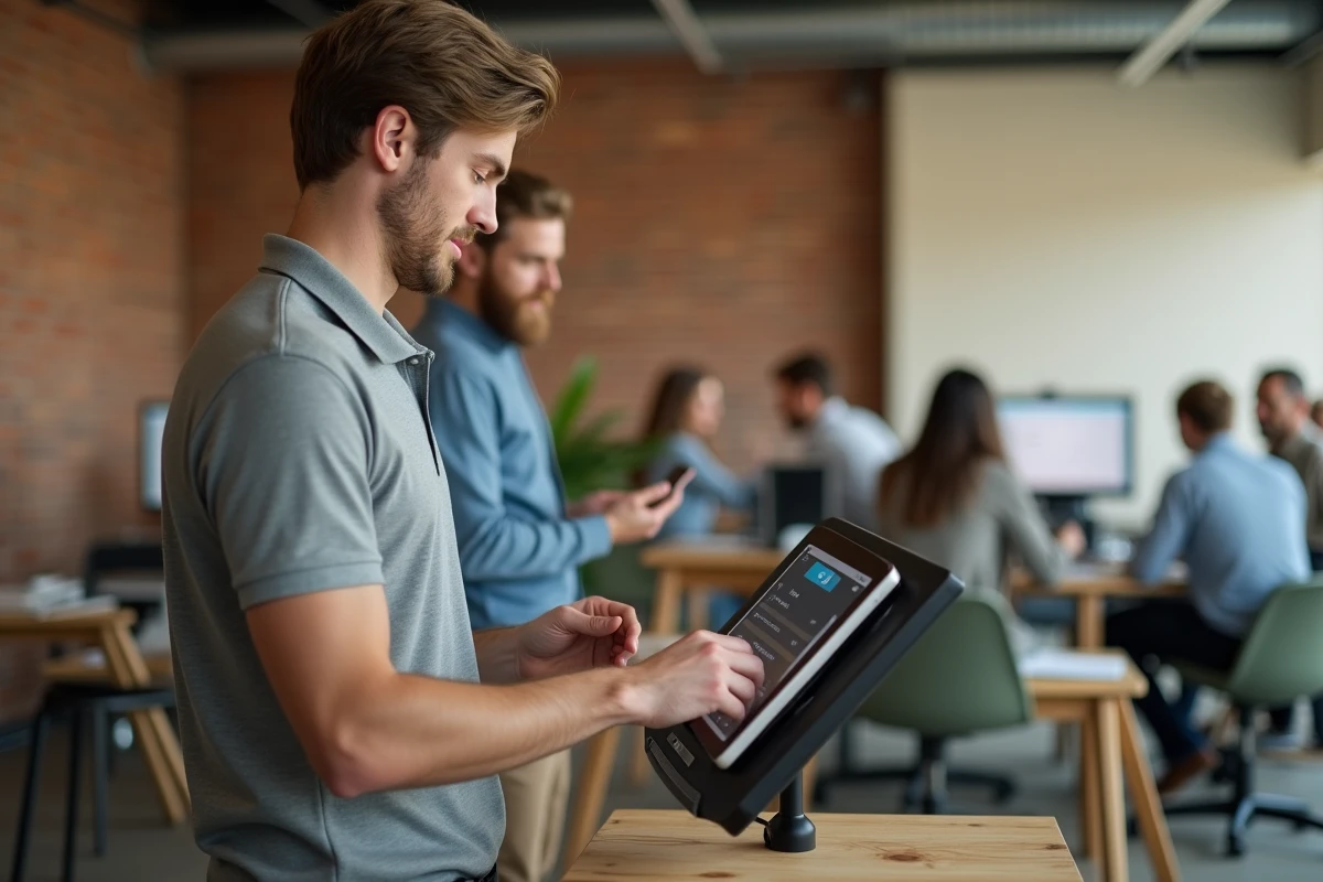 Jeune homme utilisant un système de pointeuse sur tablette pour enregistrer ses heures de travail en openspace