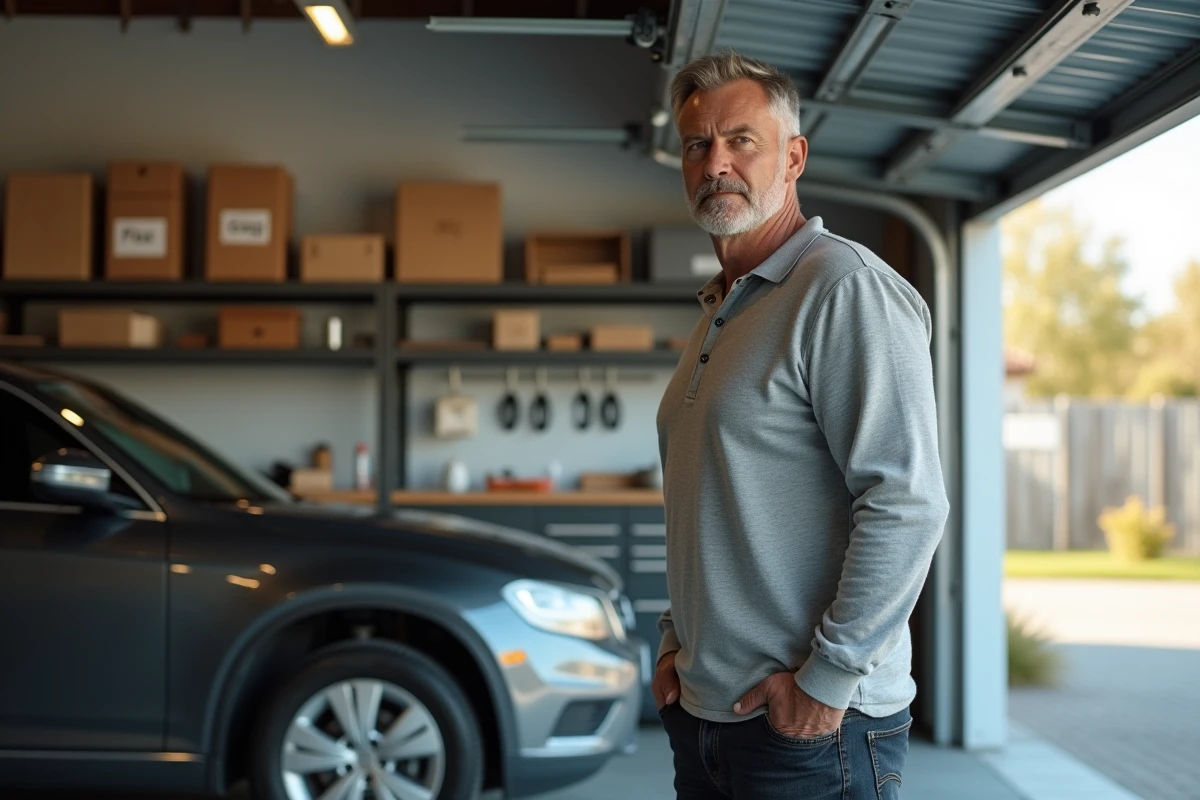 Homme adulte inspectant le mécanisme d'une porte de garage coulissante latérale dans un garage résidentiel bien rangé