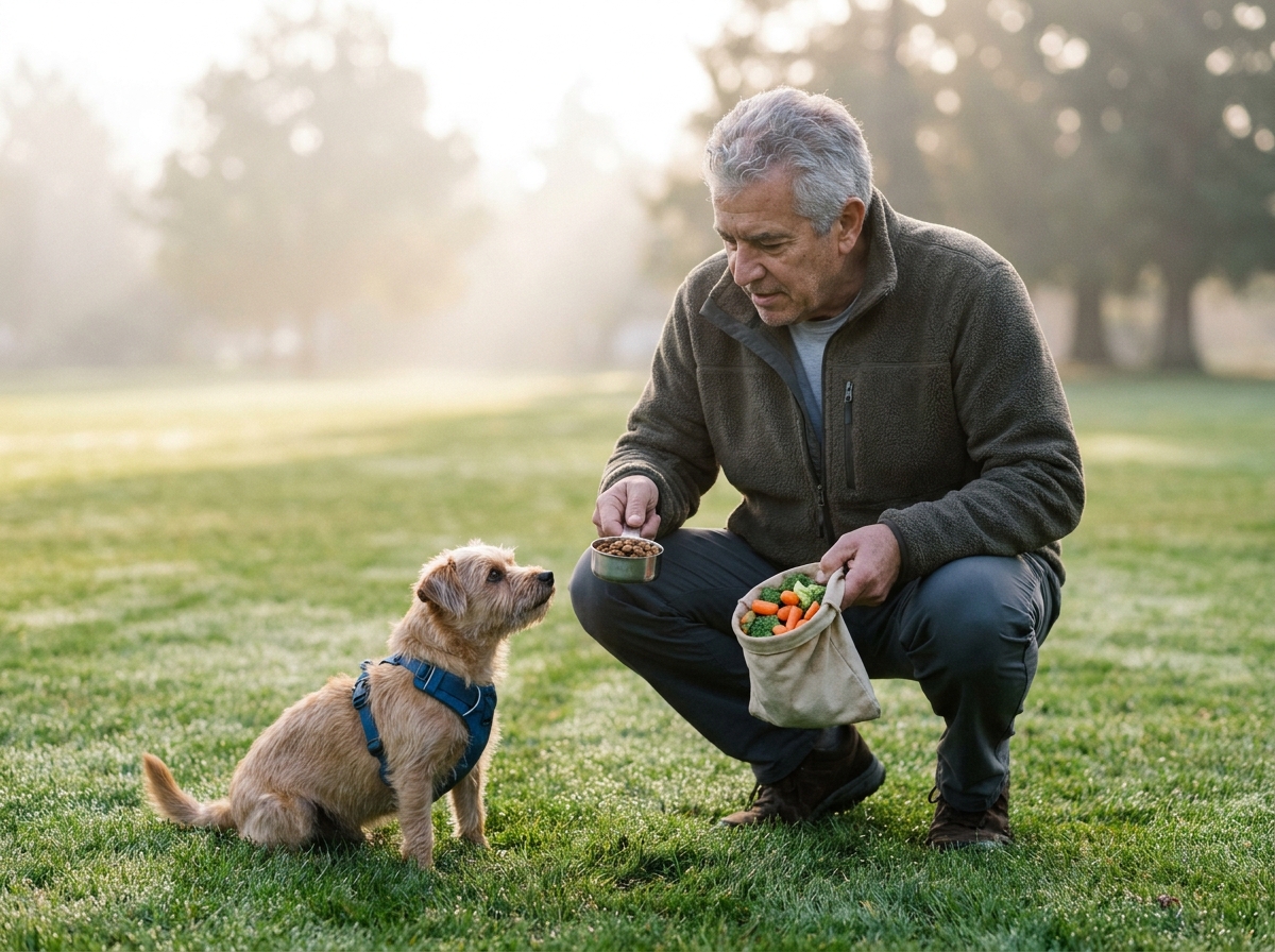 homme senior mesurant portion de nourriture legere pour chien sterilise en promenade matinale parc verdoyant