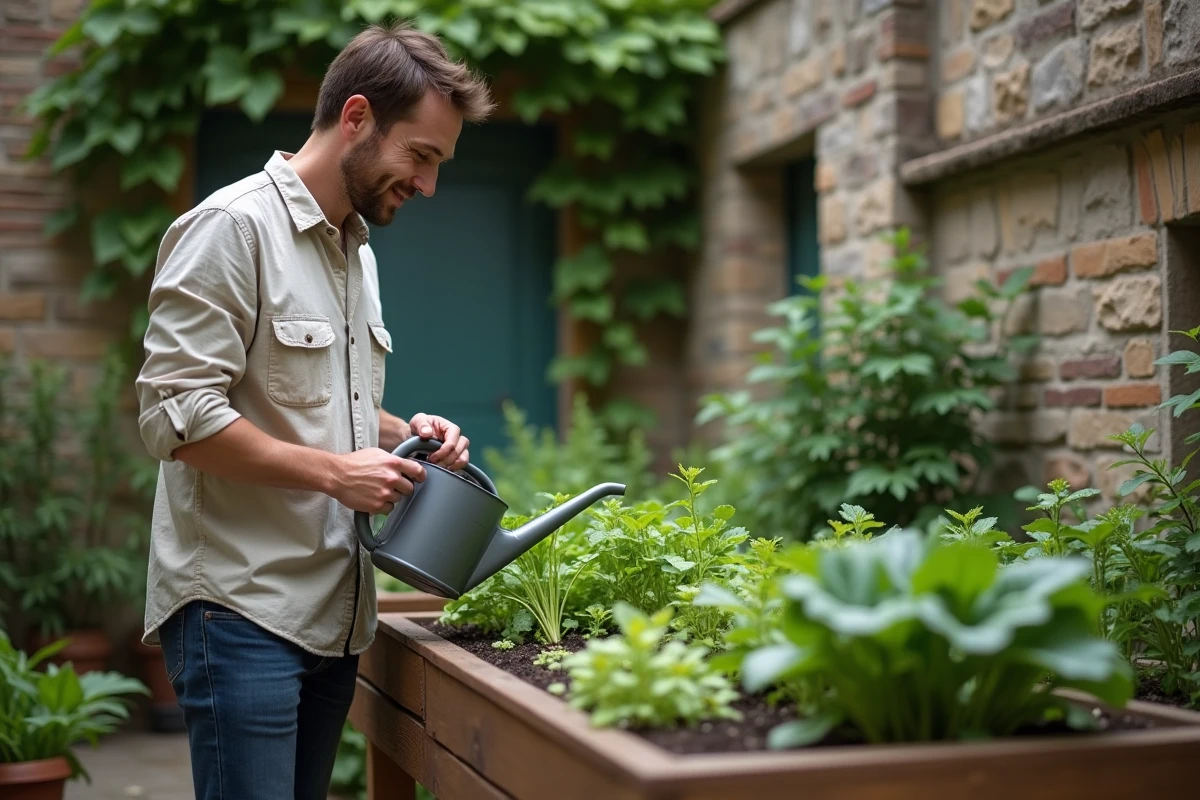 jeune homme arrosant son potager carré en bois dans une petite cour urbaine