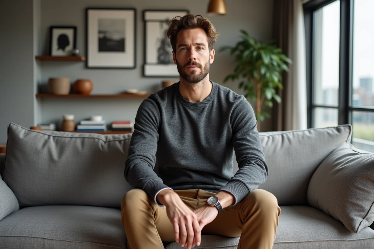 Homme portant pull gris charbon et chino beige sur canapé lin, intérieur design minimaliste contemporain