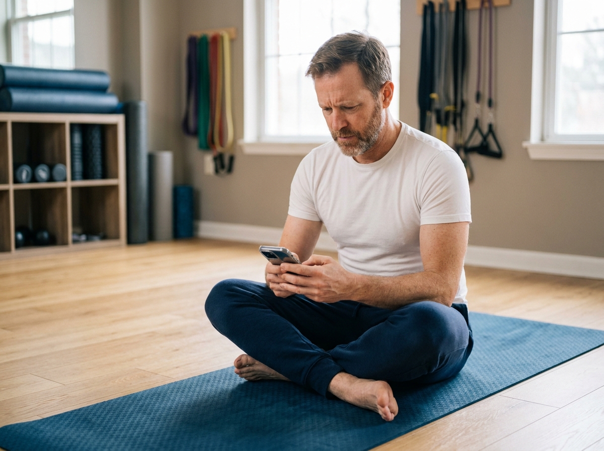Homme assis sur un tapis de pilates qui recherche des informations sur son téléphone avant de choisir un cours de pilates