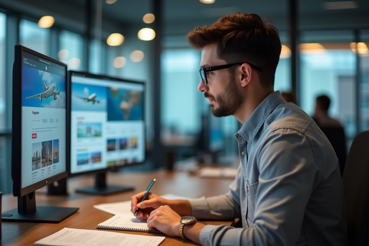 Jeune homme consultant des blogs de voyage et sites aériens pour planifier un séjour aux Émirats arabes unis dans un espace de coworking