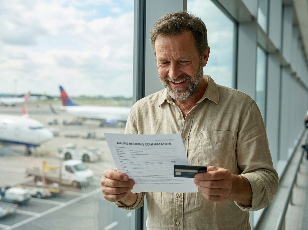 Homme tenant sa réservation de vol pas cher avec satisfaction à l'aéroport