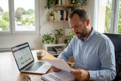 Homme d'une quarantaine d'années révisant son contrat d'assurance emprunteur à son bureau à domicile