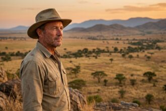 Photographe homme contemplant la savane sud-africaine depuis un rocher avec vue panoramique sur les plaines dorées et les acacias