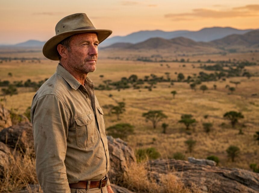 Photographe homme contemplant la savane sud-africaine depuis un rocher avec vue panoramique sur les plaines dorées et les acacias