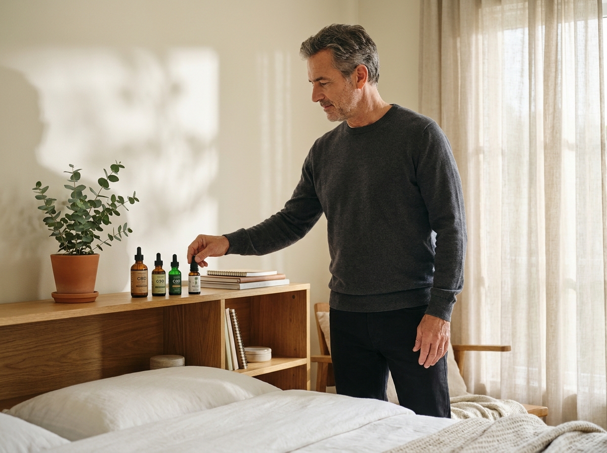 homme mature sélectionnant parmi plusieurs bouteilles d'huile CBD sur une étagère de chambre bien-être moderne, décor calme et naturel