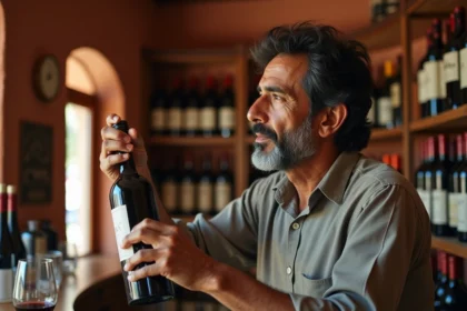 Homme marocain sélectionnant une bouteille de vin rouge dans une boutique traditionnelle avec étagères en bois et ambiance chaleureuse