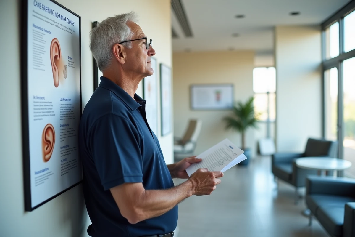 Homme senior remplissant un formulaire dans une clinique auditive pour un dépistage d'audition