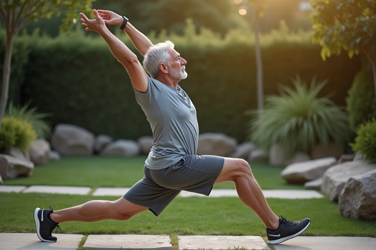 Homme senior effectuant des étirements dans un jardin naturel, démontrant l'équilibre entre force et vieillissement sain