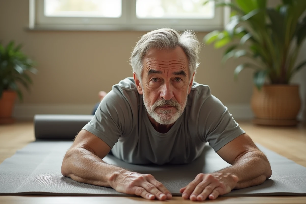 Homme senior pratiquant le pilates sur tapis dans un studio à domicile avec plantes vertes