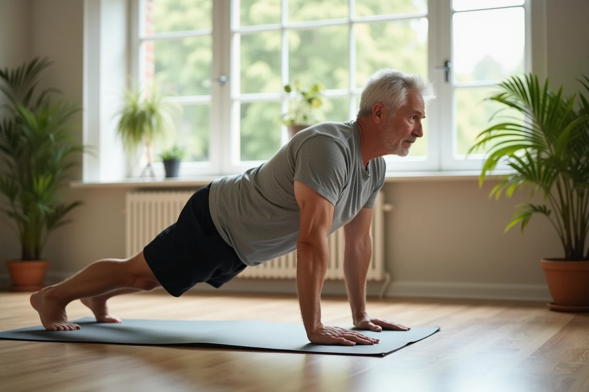 Homme senior en position de planche à domicile, illustrant l'équilibre entre musculation profonde et acceptation du vieillissement naturel