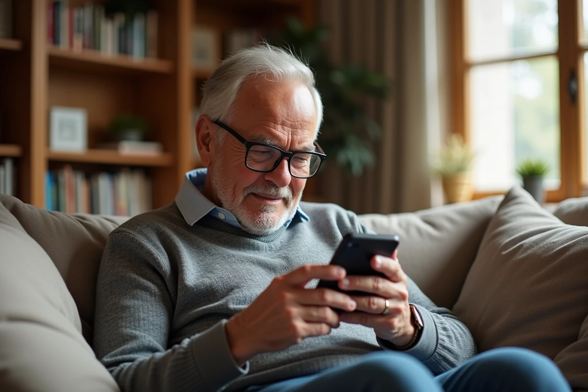 Homme âgé découvrant les fonctionnalités d'un nouveau smartphone à domicile