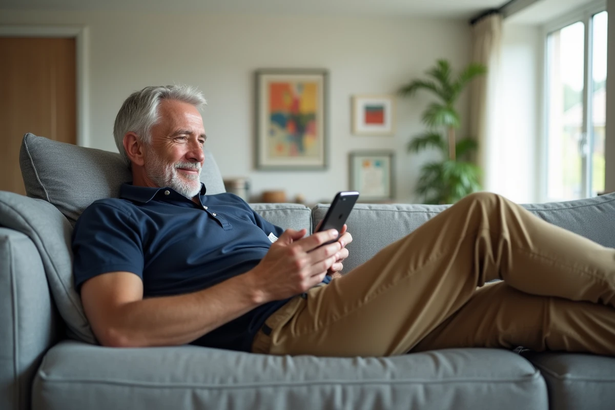 Homme consultant un chatbot client sur son smartphone depuis son canapé dans un intérieur résidentiel contemporain