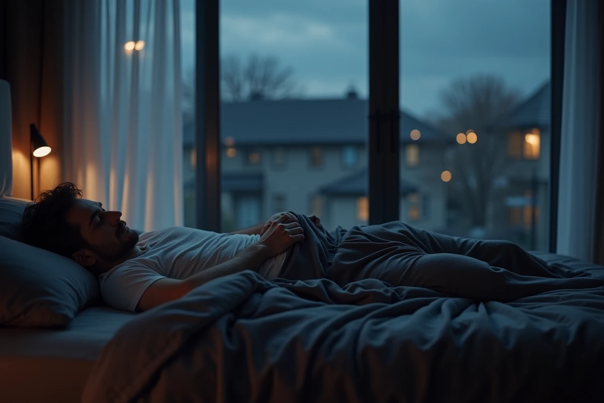 Homme endormi sur un lit moderne avec literie grise texturée, posture naturelle de sommeil profond, chambre contemporaine au design épuré