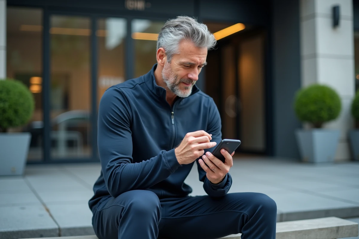 Homme sportif consultant une application de comparaison de mutuelles santé sur smartphone après une séance de sport en extérieur